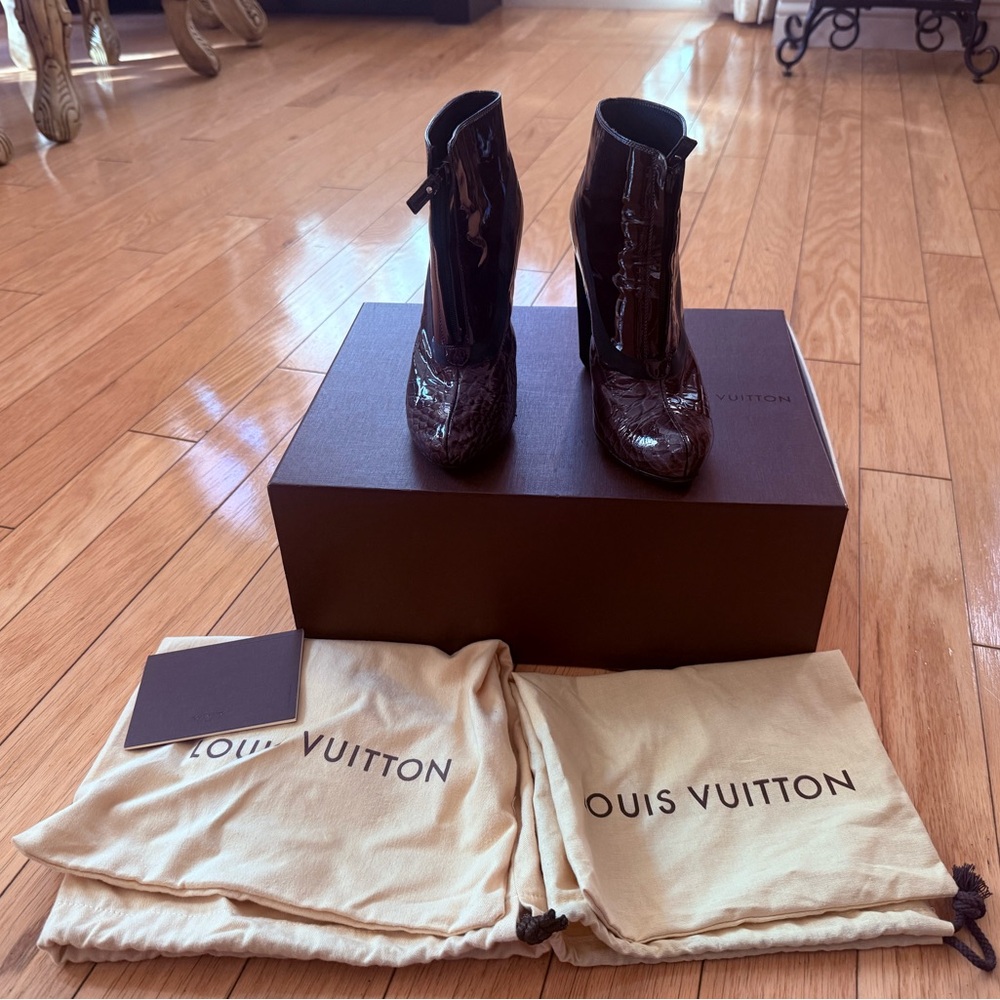Louis Vuitton Women's Glossy Dark Brown Ankle Boots